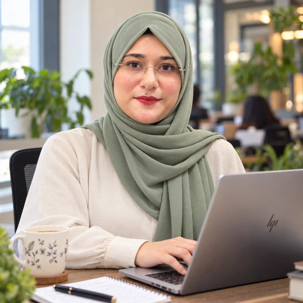 Iqra Ilyas working at her laptop